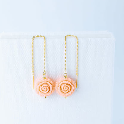 Gold Tiny Flower Threader Earrings, Tiny Rose Charm Earrings, Charm Earrings, Dangle Wire Earrings, BYSDMJEWELS