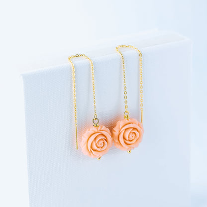 Gold Tiny Flower Threader Earrings, Tiny Rose Charm Earrings, Charm Earrings, Dangle Wire Earrings, BYSDMJEWELS