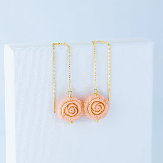 Gold Tiny Flower Threader Earrings, Tiny Rose Charm Earrings, Charm Earrings, Dangle Wire Earrings, BYSDMJEWELS