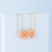Load image into Gallery viewer, Gold Tiny Flower Threader Earrings, Tiny Rose Charm Earrings, Charm Earrings, Dangle Wire Earrings, BYSDMJEWELS
