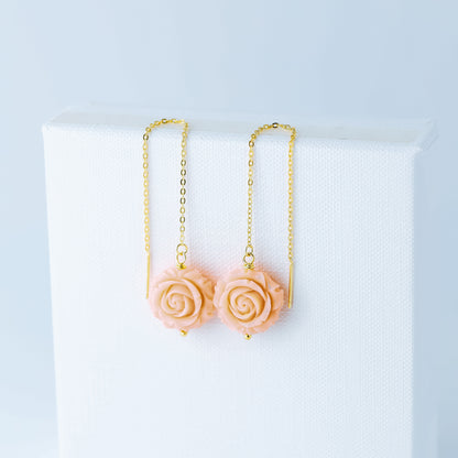 Gold Tiny Flower Threader Earrings, Tiny Rose Charm Earrings, Charm Earrings, Dangle Wire Earrings, BYSDMJEWELS