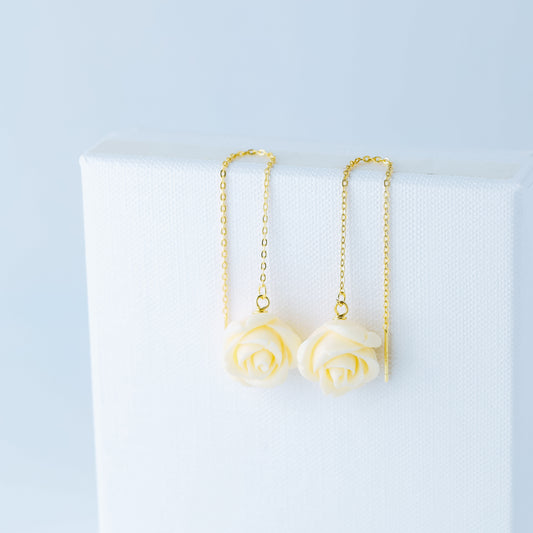 Tiny Flower Threader Earrings, White Rose Charm Earrings, Charm Earrings, Dangle Wire Earrings, BYSDMJEWELS