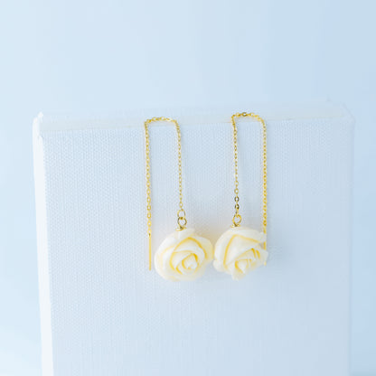 Tiny Flower Threader Earrings, White Rose Charm Earrings, Charm Earrings, Dangle Wire Earrings, BYSDMJEWELS