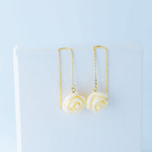 Load image into Gallery viewer, Tiny Flower Threader Earrings, White Rose Charm Earrings, Charm Earrings, Dangle Wire Earrings, BYSDMJEWELS
