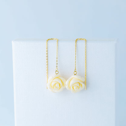 Tiny Flower Threader Earrings, White Rose Charm Earrings, Charm Earrings, Dangle Wire Earrings, BYSDMJEWELS