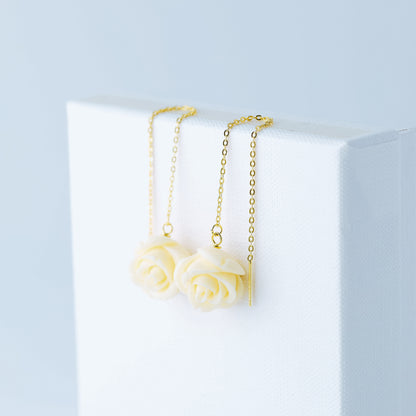 Tiny Flower Threader Earrings, White Rose Charm Earrings, Charm Earrings, Dangle Wire Earrings, BYSDMJEWELS