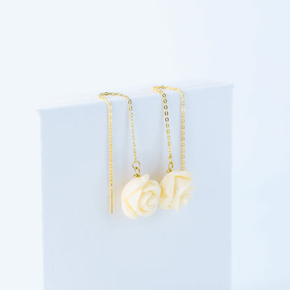 Tiny Flower Threader Earrings, White Rose Charm Earrings, Charm Earrings, Dangle Wire Earrings, BYSDMJEWELS