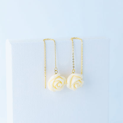 Tiny Flower Threader Earrings, White Rose Charm Earrings, Charm Earrings, Dangle Wire Earrings, BYSDMJEWELS