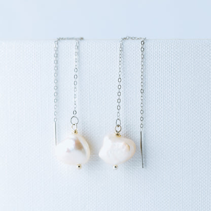 Keshi Genuine Pearl Threader Earrings, Pearl Ear Threaders, Natural Freshwater Pearls, Drop Ear Threaders, Silver or Gold, BYSDMJEWELS