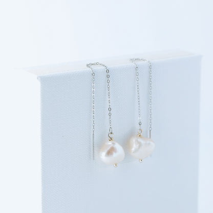 Keshi Genuine Pearl Threader Earrings, Pearl Ear Threaders, Natural Freshwater Pearls, Drop Ear Threaders, Silver or Gold, BYSDMJEWELS