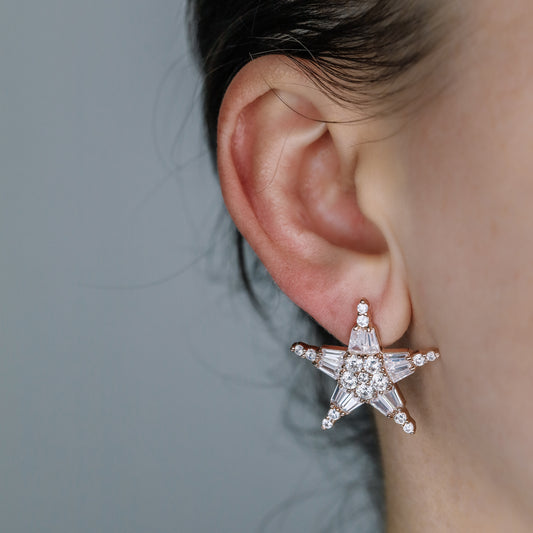 Art Deco Star Earrings, Art Nouveau, Baguette Rectangle Zirconia, Diamond Earrings, Geometric Earrings, Rose Gold, BYSDMJEWELS