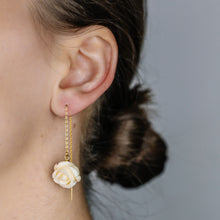 Load image into Gallery viewer, Tiny Flower Threader Earrings, White Rose Charm Earrings, Charm Earrings, Dangle Wire Earrings, BYSDMJEWELS
