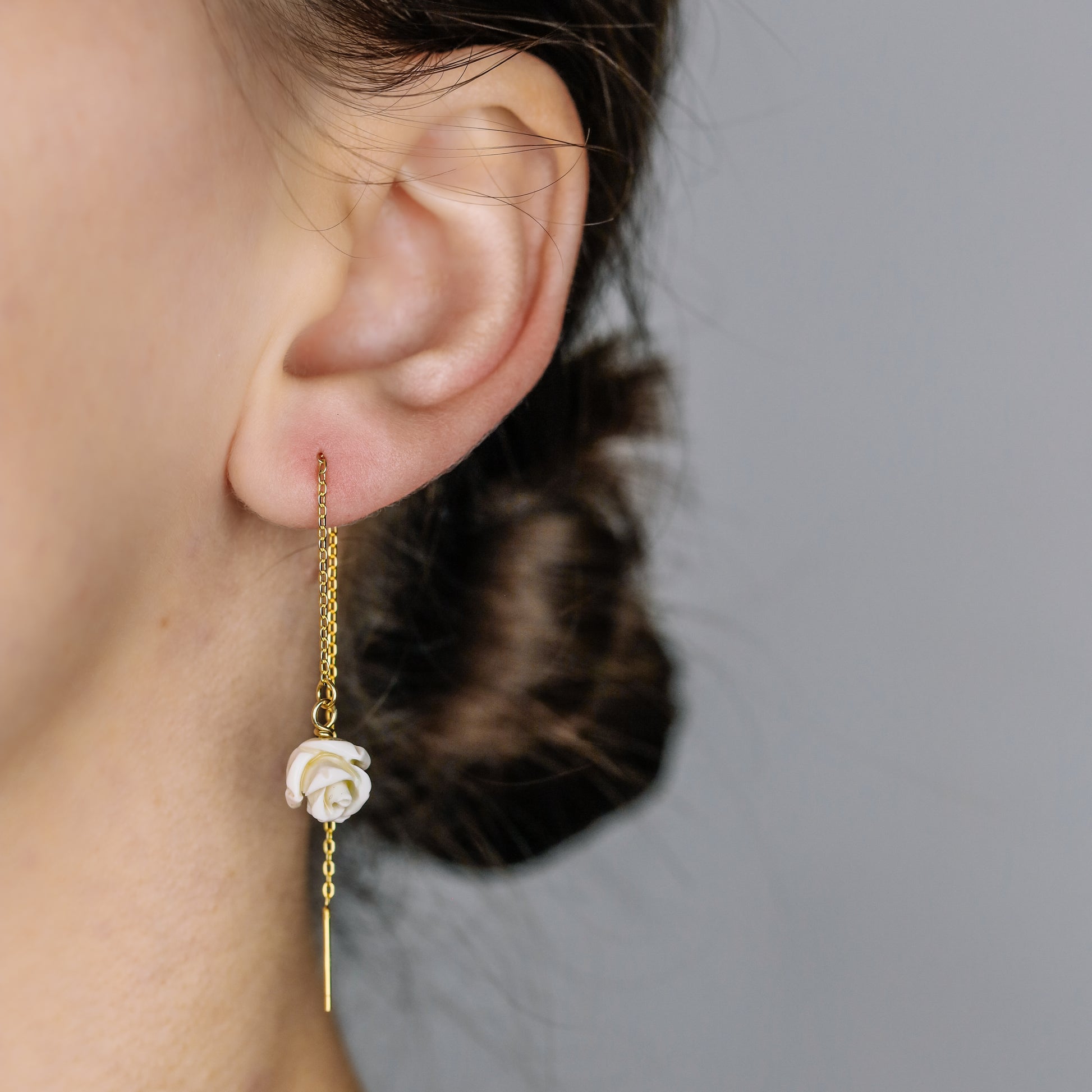 Tiny Flower Threader Earrings, White Rose Charm Earrings, Charm Earrings, Dangle Wire Earrings, BYSDMJEWELS
