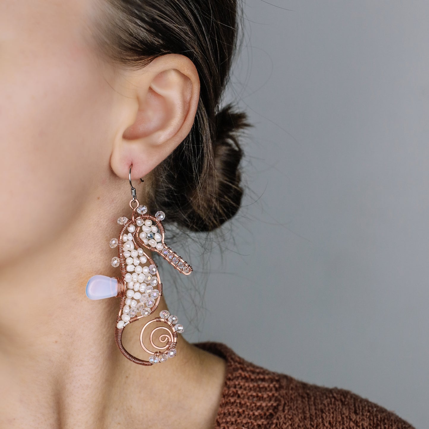 Dangly Seahorse Earrings • Handmade Earrings • Pearl Earrings • Copper Wire Wrapped Earrings • Gift for Her • BYSDMJEWELS