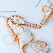 Load image into Gallery viewer, Dangly Seahorse Earrings • Handmade Earrings • Pearl Earrings • Copper Wire Wrapped Earrings • Gift for Her • BYSDMJEWELS
