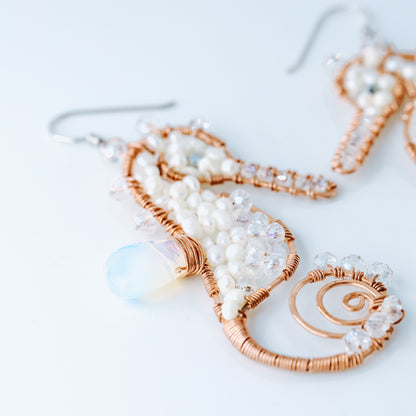 Dangly Seahorse Earrings • Handmade Earrings • Pearl Earrings • Copper Wire Wrapped Earrings • Gift for Her • BYSDMJEWELS