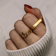 Load image into Gallery viewer, Gold Love Band Ring • Dainty Love Script Ring Women • Minimalist Love Word Ring • Cursive Love Ring • Small Promise Ring Gold • BYSDMJEWELS
