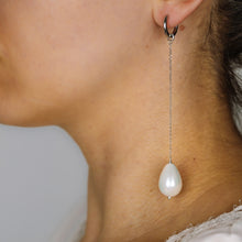 Load image into Gallery viewer, Large Ceramic Pearl Hoop Earrings • Pearl Drop Hoops • Pearl Huggie Hoop Earrings • Pearl Chain Earrings • Bridesmaids Jewelry • BYSDMJEWELS
