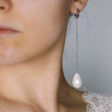 Load image into Gallery viewer, Large Ceramic Pearl Hoop Earrings • Pearl Drop Hoops • Pearl Huggie Hoop Earrings • Pearl Chain Earrings • Bridesmaids Jewelry • BYSDMJEWELS
