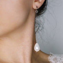 Load image into Gallery viewer, Large Ceramic Pearl Hoop Earrings • Pearl Drop Hoops • Pearl Huggie Hoop Earrings • Pearl Chain Earrings • Bridesmaids Jewelry • BYSDMJEWELS
