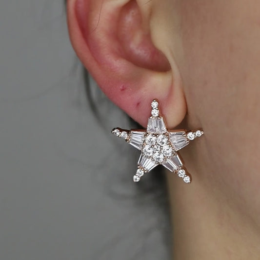Art Deco Star Earrings, Art Nouveau, Baguette Rectangle Zirconia, Diamond Earrings, Geometric Earrings, Rose Gold, BYSDMJEWELS