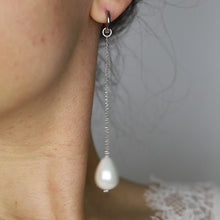 Load and play video in Gallery viewer, Large Ceramic Pearl Hoop Earrings • Pearl Drop Hoops • Pearl Huggie Hoop Earrings • Pearl Chain Earrings • Bridesmaids Jewelry • BYSDMJEWELS
